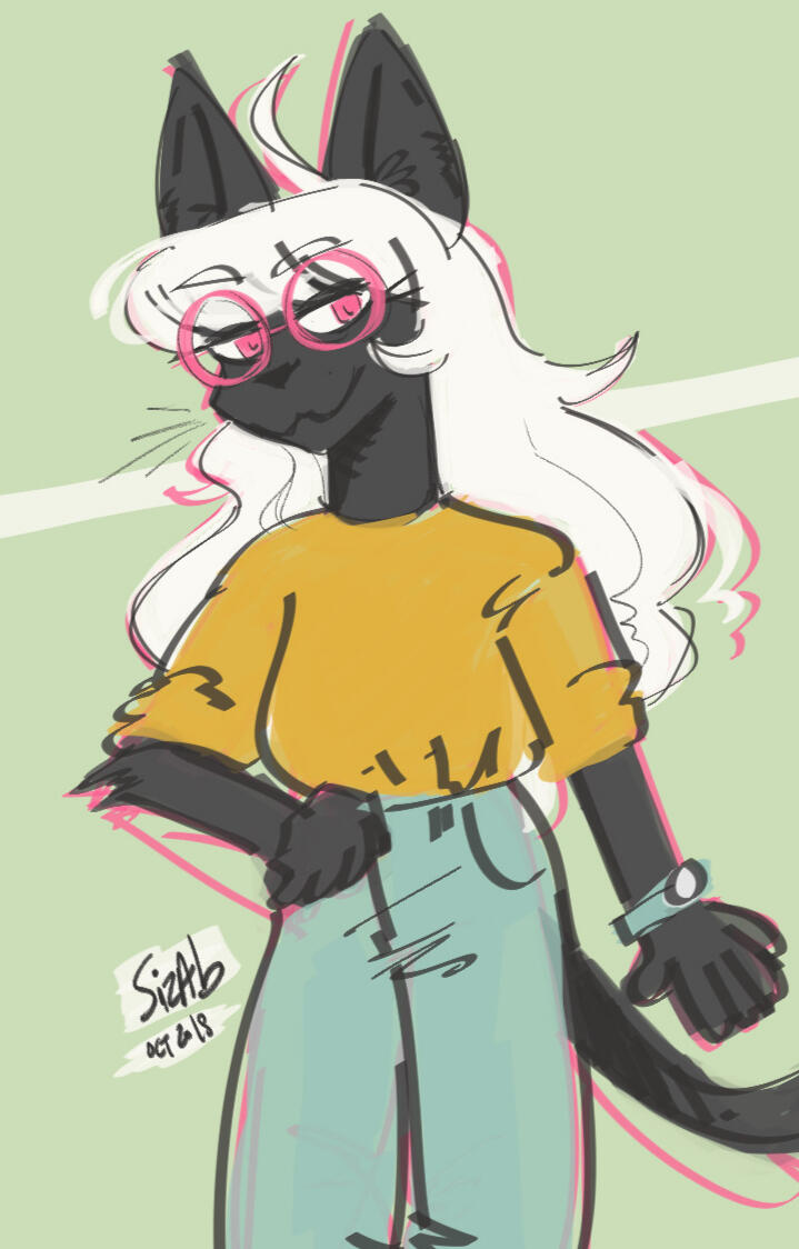 sketchy painting of an anthropomorphic black cat person with long white hair standing up with their right arm on their hip. They are wearing pink round glasses and wearing a golden short sleeved shirt tucked into high waisted pants.